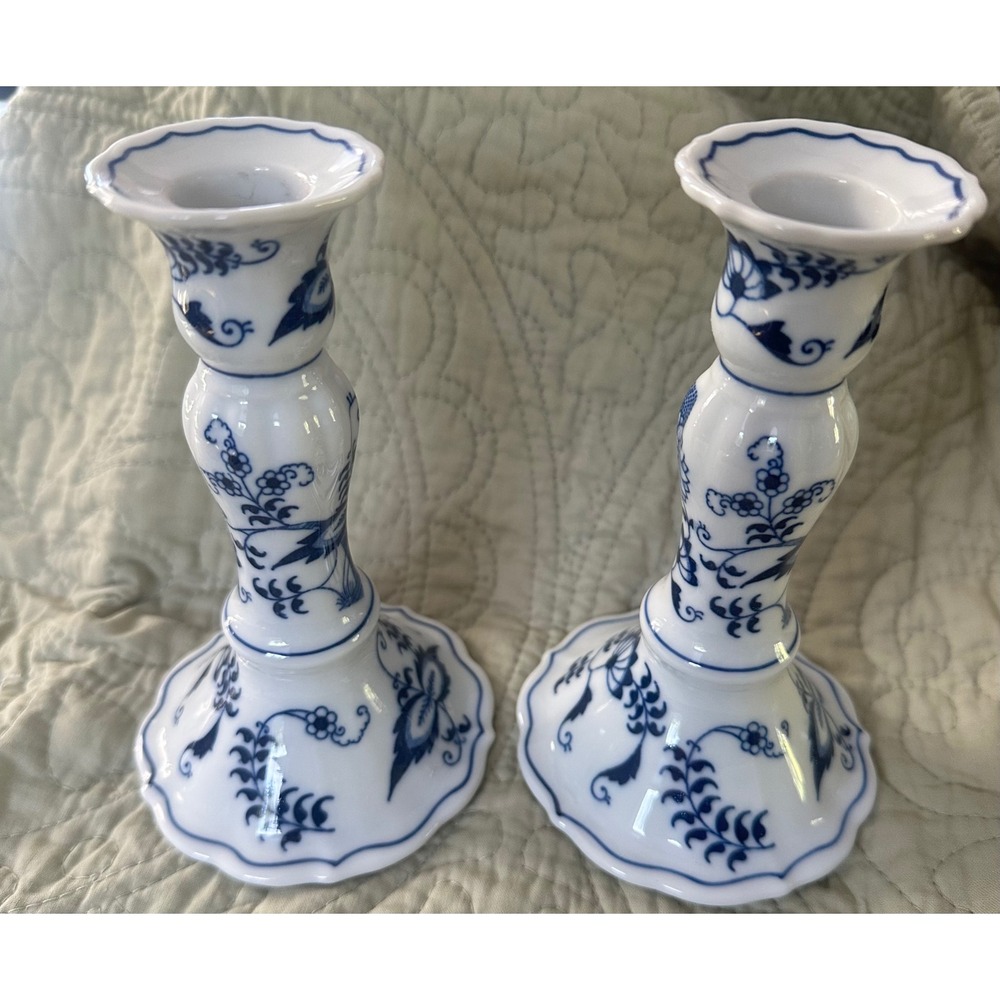 Blue Danube Japan Porcelain Candlestick Holders Pair Blue Onion Floral Vintage